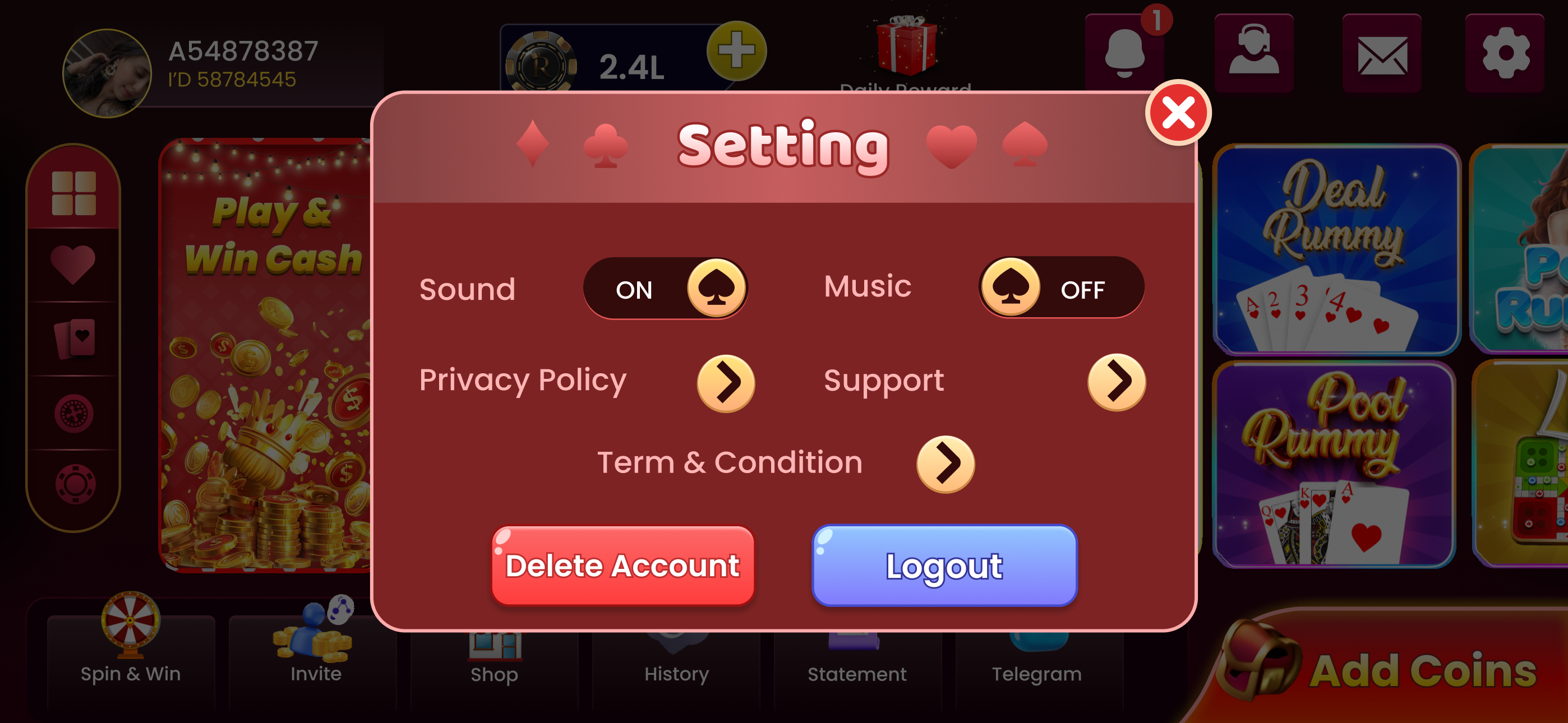 Game screen of private rummy