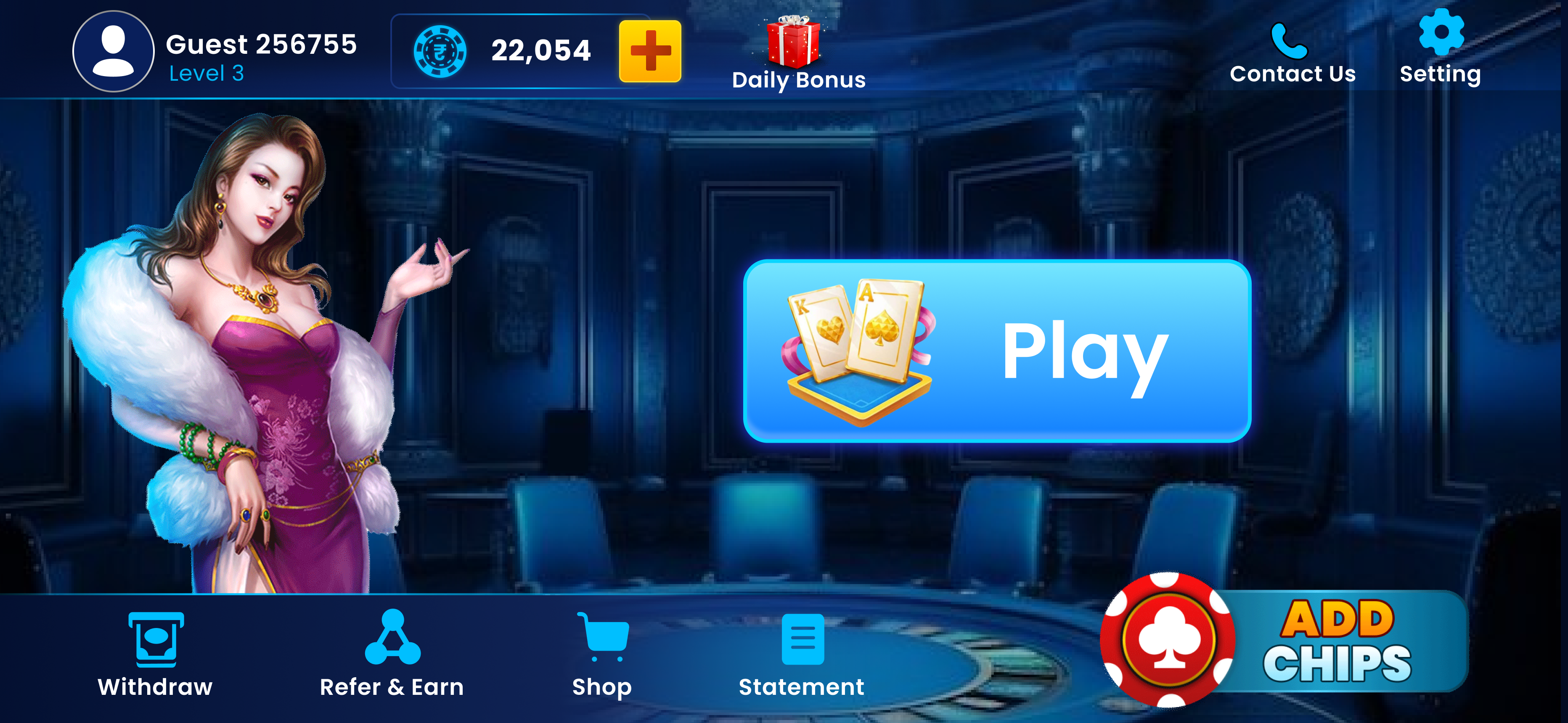 Game screen of private rummy