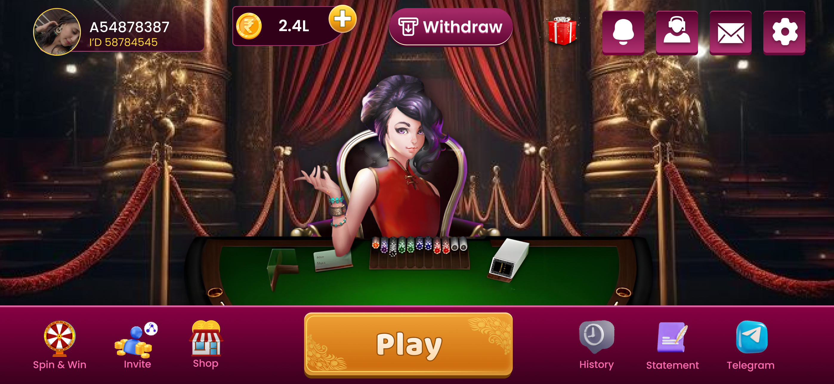 Game screen of private rummy