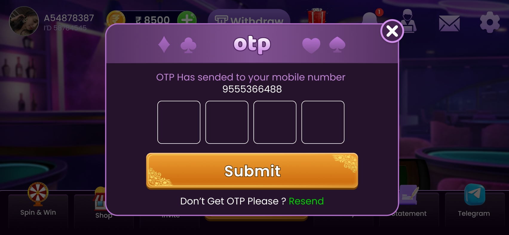 Game screen of private rummy