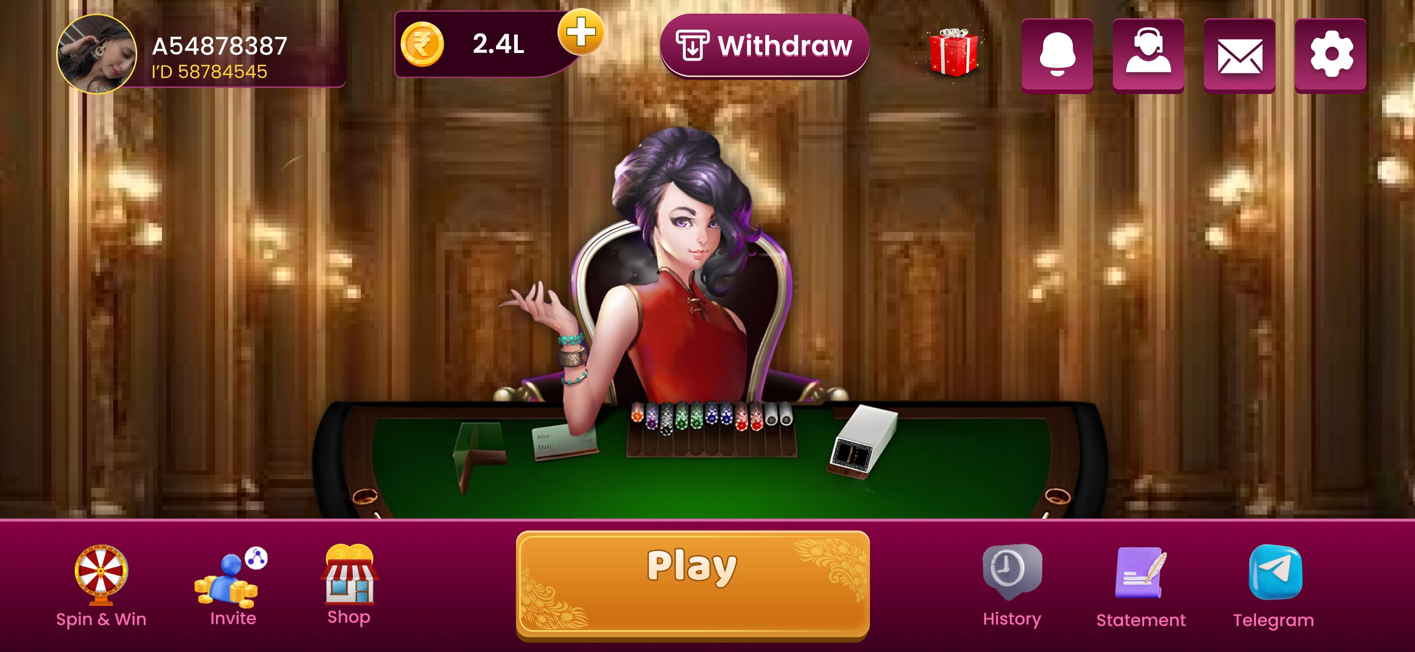 Game screen of private rummy