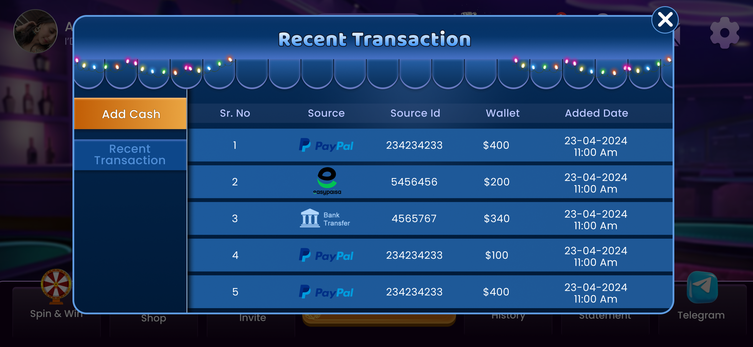 Game screen of private rummy